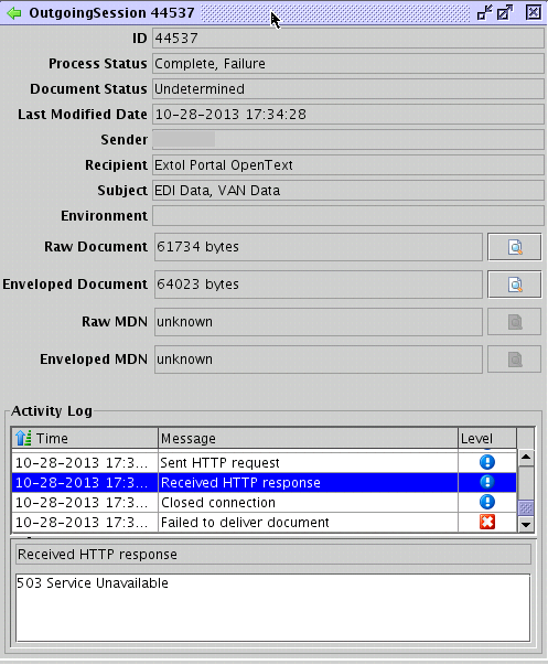 EXTOL Secure AS2 error HTTP 503 Service Unavailable screenshot
