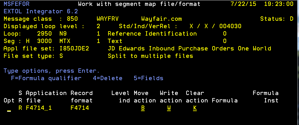 EXTOL Integrator Inbound Wayfair.com/JDE MTX segment format before