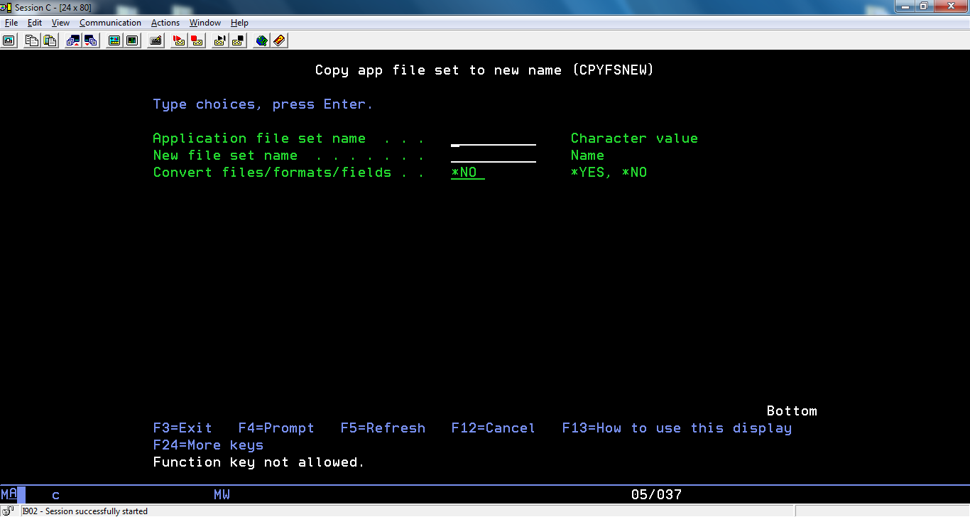 EXTOL Integrator Command Copy Application File Set to New Name - CPYFSNEW screenshot